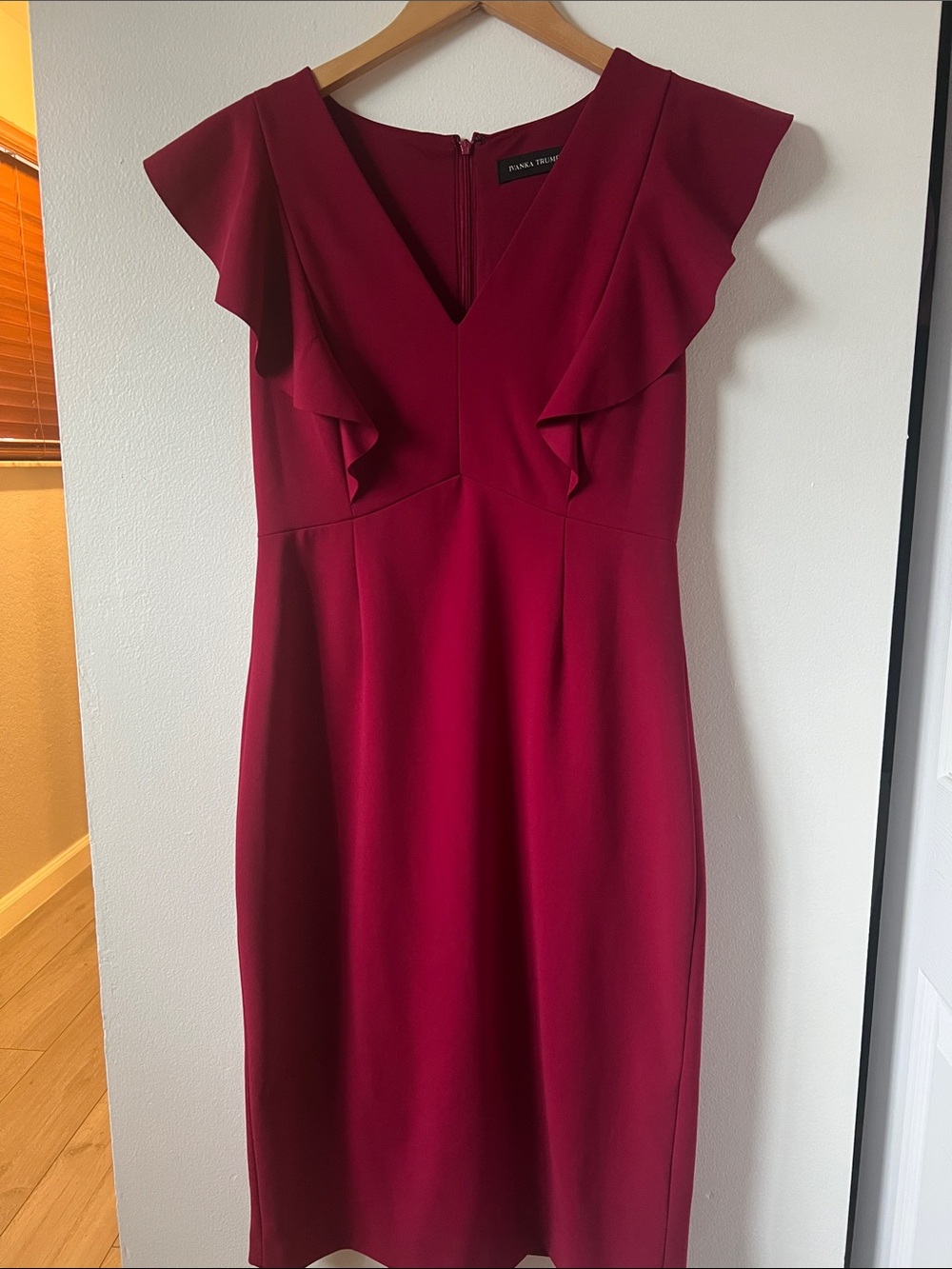Ivanka Trump Burgundy Ruffle V-Neck Midi Dress